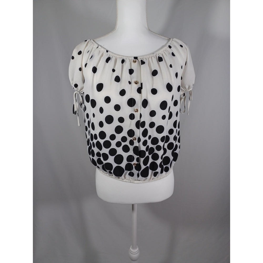 Papermoon Blouse Womens Medium White Polka Dot Puff Sleeve‎ Button Front Top